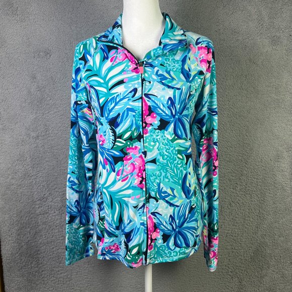 Lilly Pulitzer Luxletic Jacket Women M Blue Colorful Full Zip Lightweight Active - Picture 1 of 9